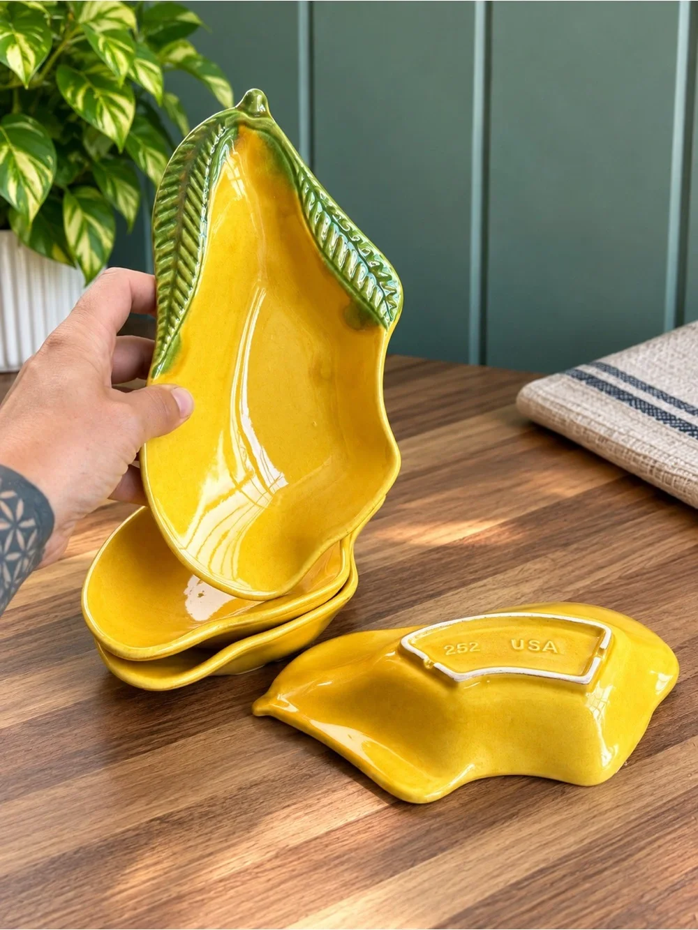 Vintage MCM Lemon Shaped Nesting Dishes Set of 4 Yellow Green Leaf USA Pottery